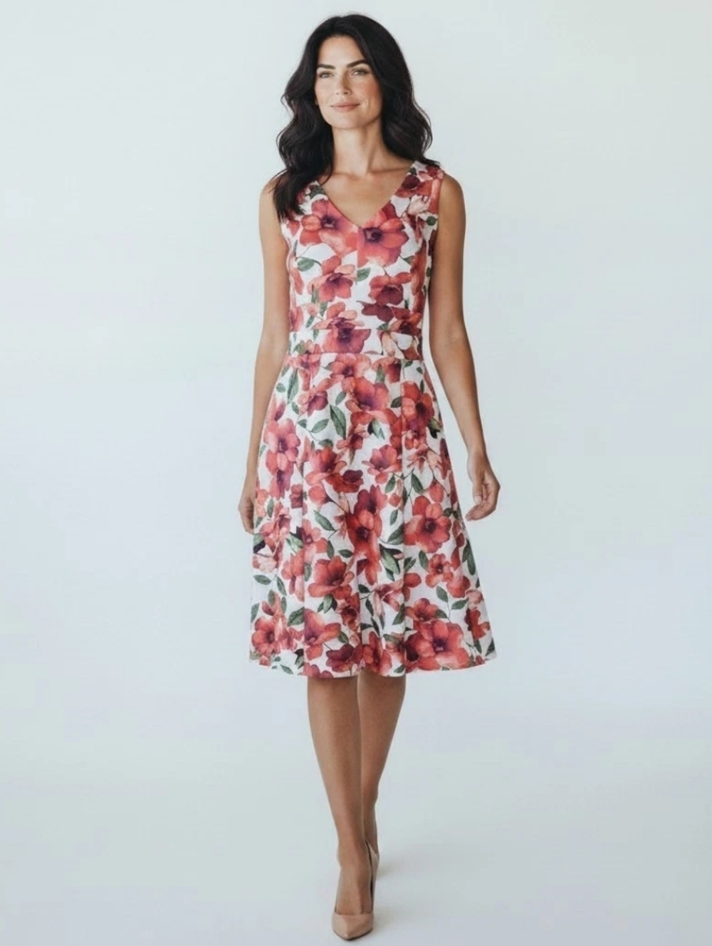 Calvin Klein Floral Fit Flare Dress Womens 10 Red White Pleated Stretch Midi - Picture 2 of 16